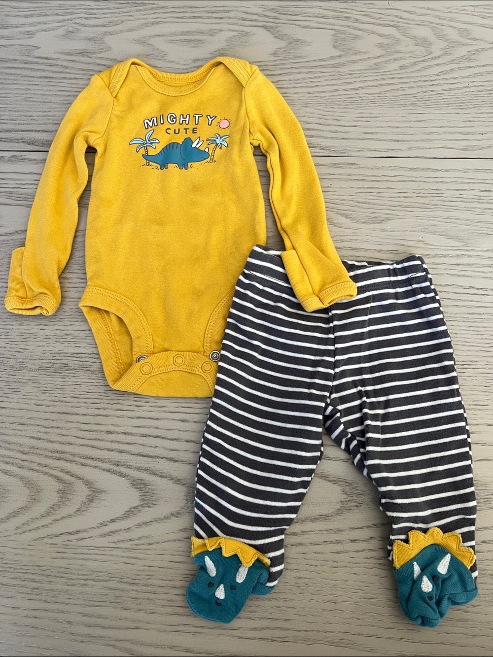 Carter's Yellow 'Mighty Cute' Dino Bodysuit with Striped Pants